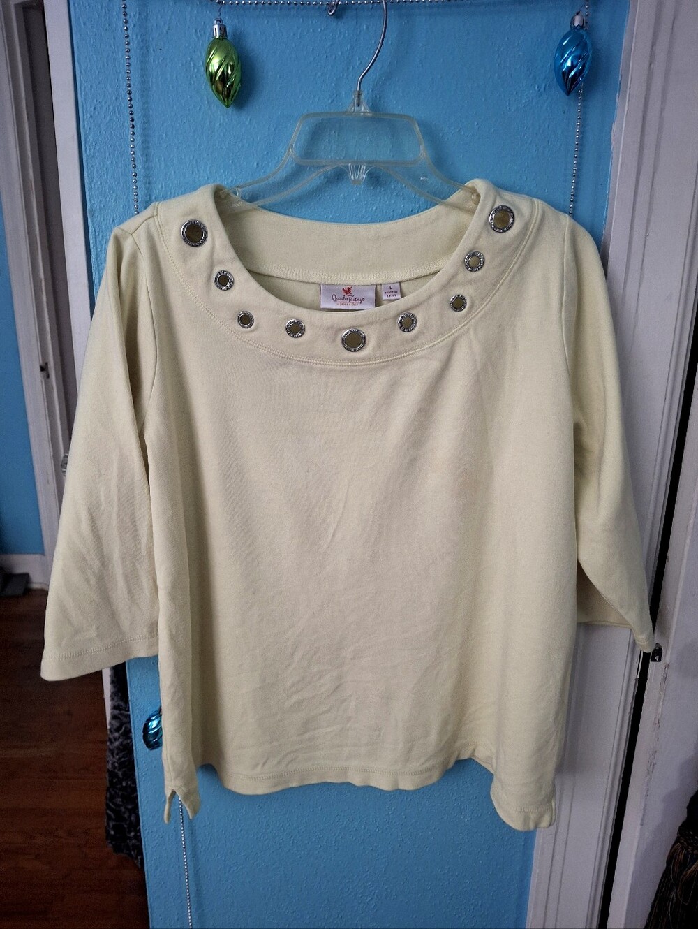Quacker Factory WOMENS LG Lgt Yellow Boat Neck Top 3/4 Sleeve 100% Cotton Preown